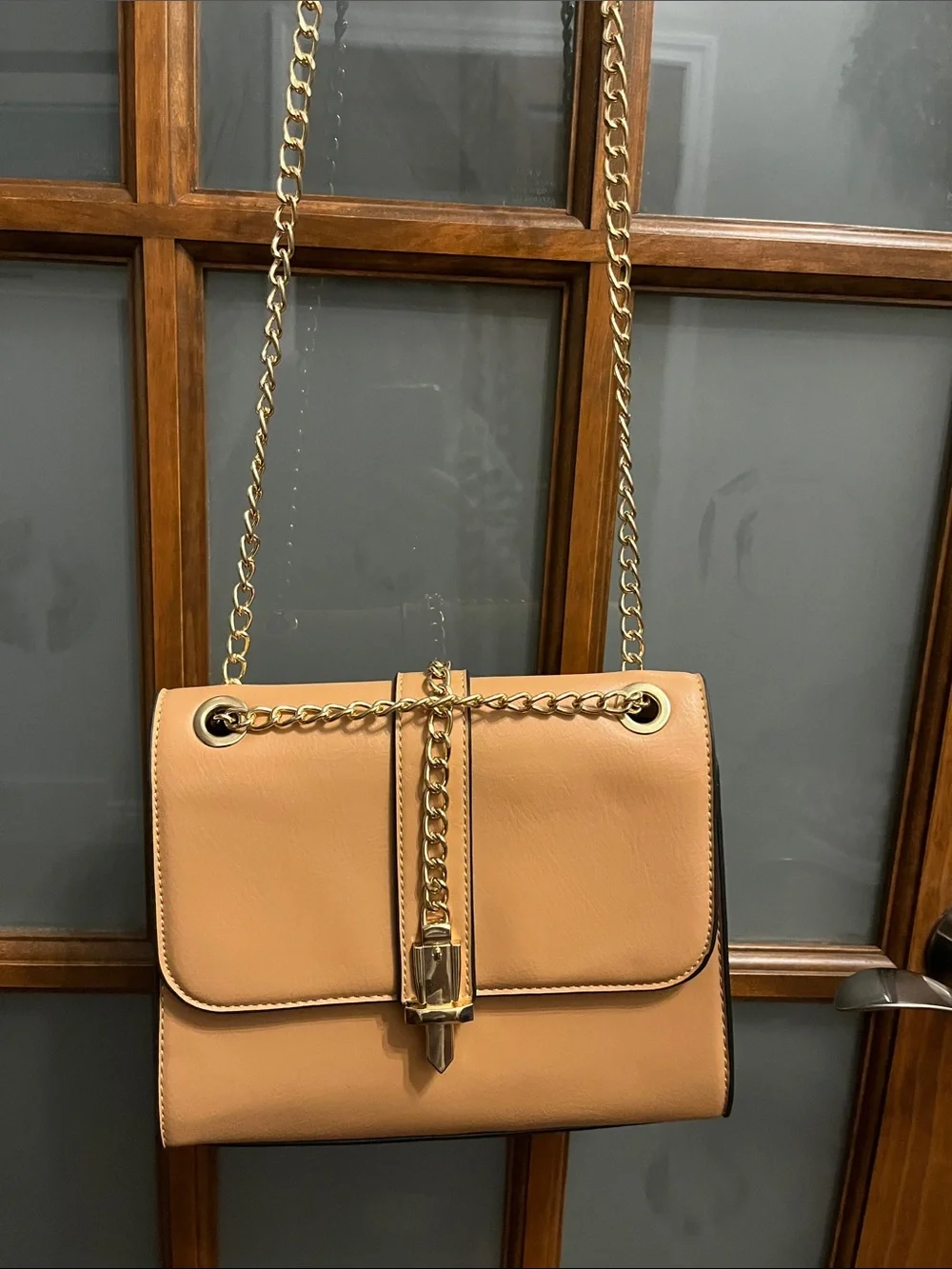Neutral Tan Chain Crossbody Bag with Gold Hardware